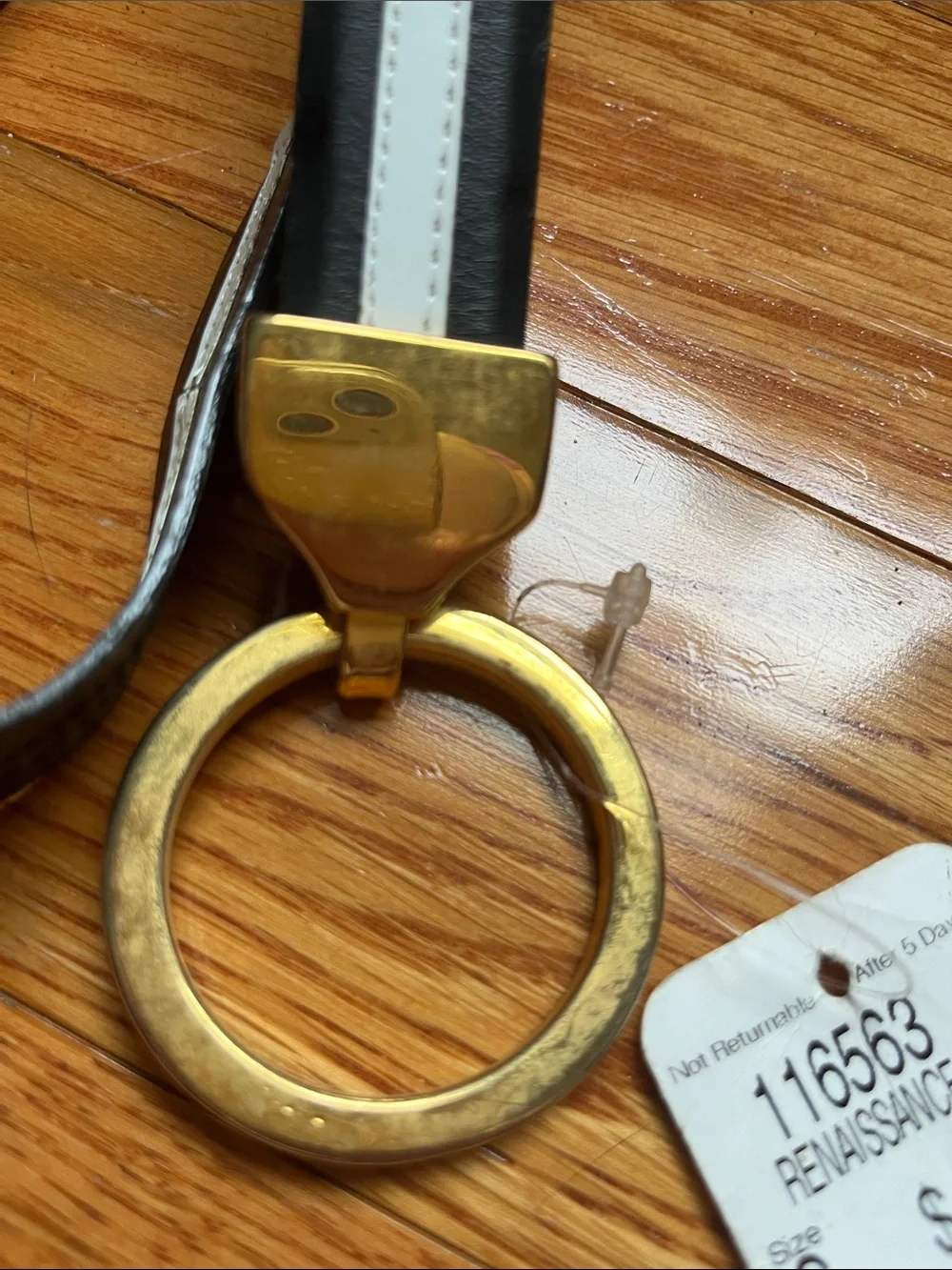 NWT Vintage Carlisle Black Leather Belt with White Stripe and Gold Ring Buckle